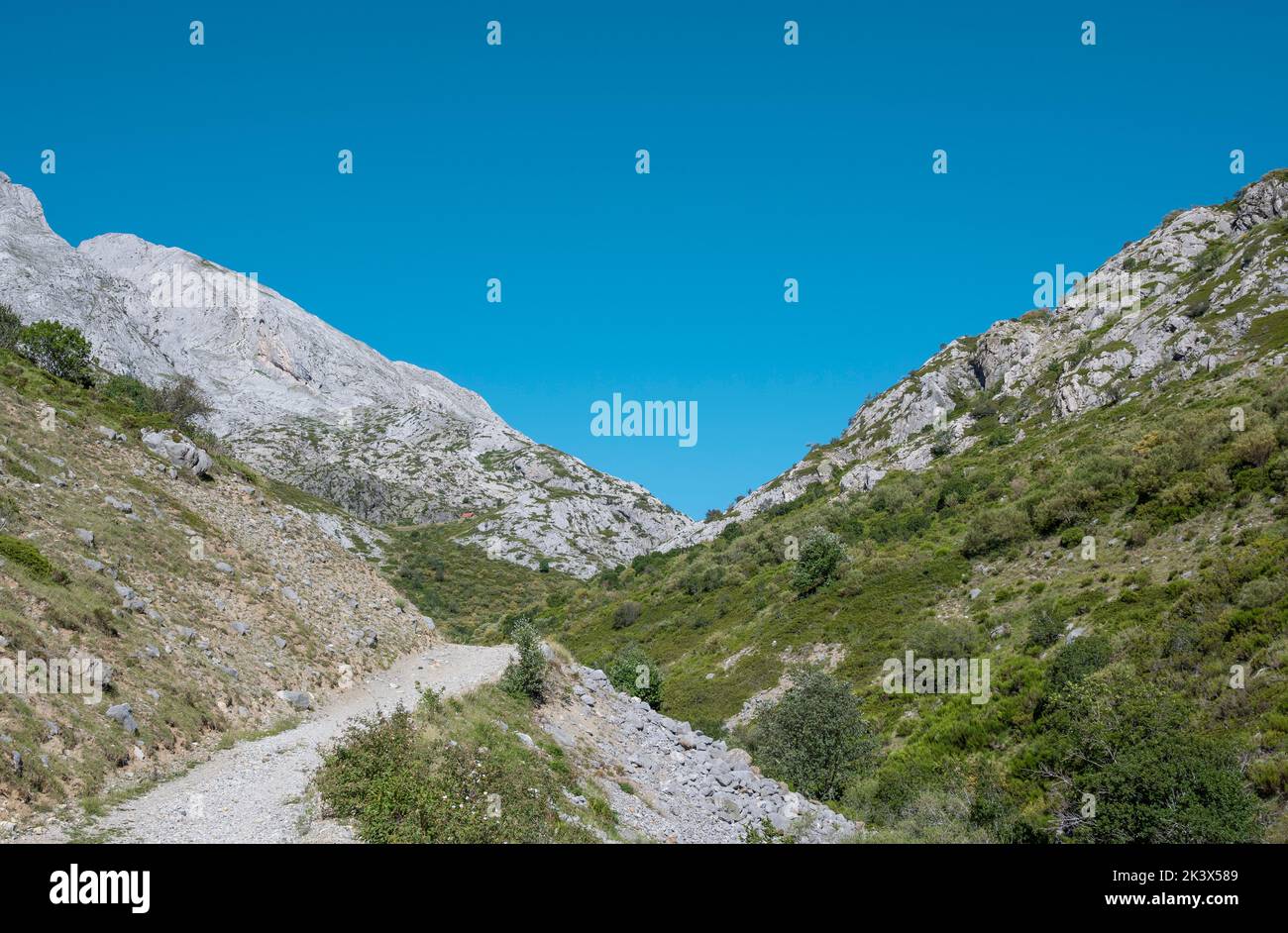 Camino de tierra entre montaña rocosas en el valle de Mazobre del parque Natural de la montaña Palentina, España Banque D'Images