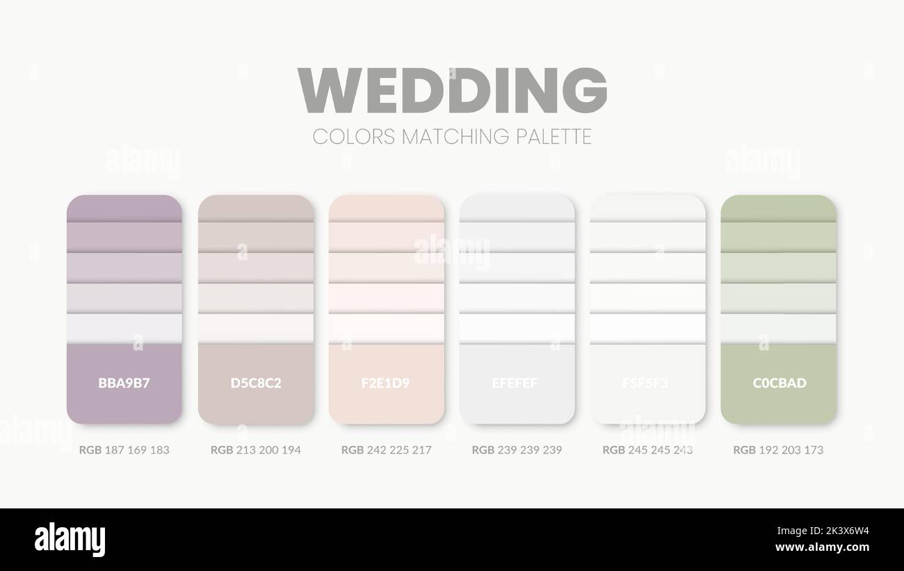 Jeux de couleurs pour mariage. Guide des combinaisons et des palettes de tendances des couleurs. Exemple de nuances de couleurs de tableau en RVB et EN HEXADÉCIMAL. Nuance de couleur pour la mode, la maison, etc Illustration de Vecteur