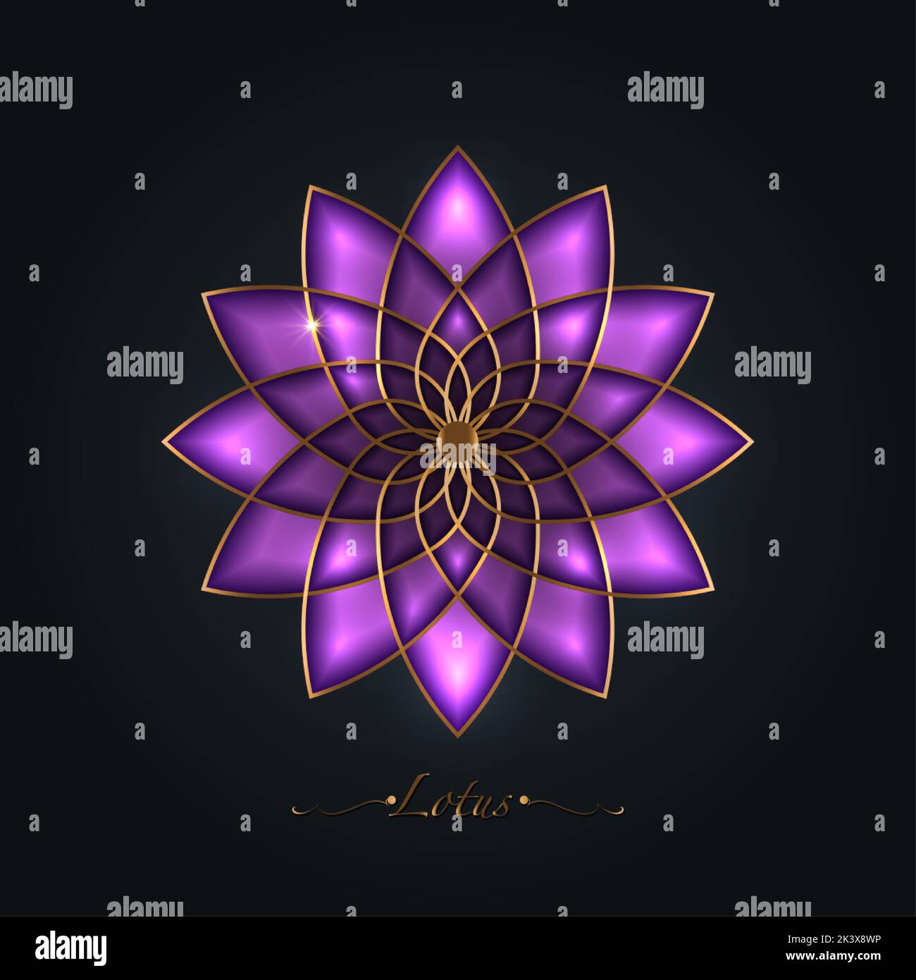 Fleur de Lotus violet, mandala à géométrie sacrée, ornement de luxe doré, logo floral d'art de ligne d'or. Symboles fleuris du yoga, du spa, du salon de beauté, Illustration de Vecteur