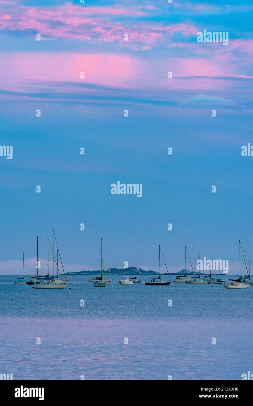 Voiliers amarrés aux nuages roses qui se réfléchissent dans l'eau Banque D'Images