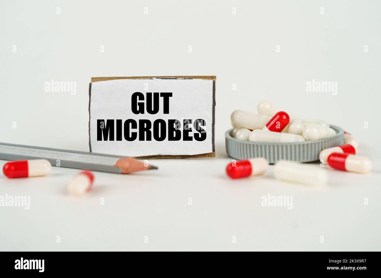 Concept médical. Sur fond blanc, des capsules médicales, un crayon et une plaque de carton avec l'inscription - Gut microbes Banque D'Images