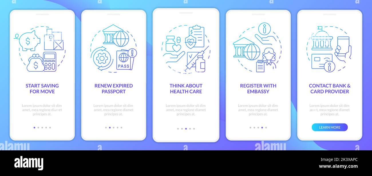 Avant de partir à l'étranger conseils Blue gradient Onboarding application mobile écran Illustration de Vecteur