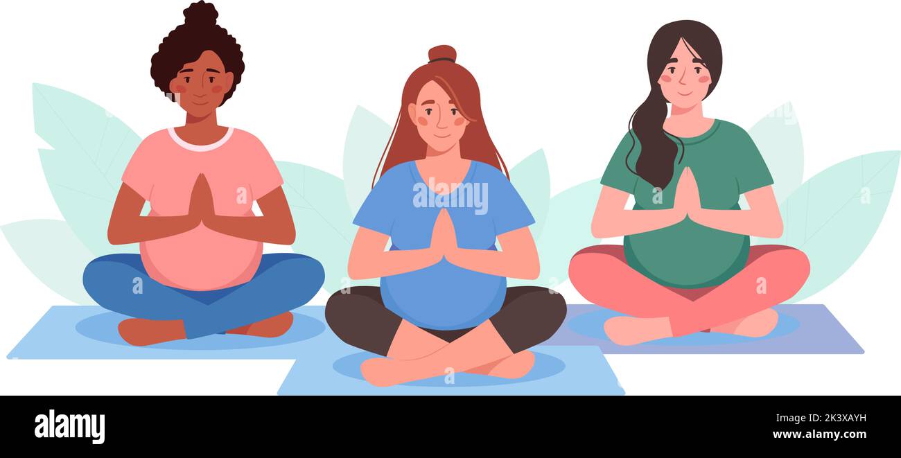 Les femmes enceintes sont engagées dans le yoga. Les filles de différentes nationalités sont assis à l'asana, méditer. Grossesse active. Siddhasana, virasana. Illustration vectorielle de style plat, arrière-plan isolé avec feuillage Illustration de Vecteur