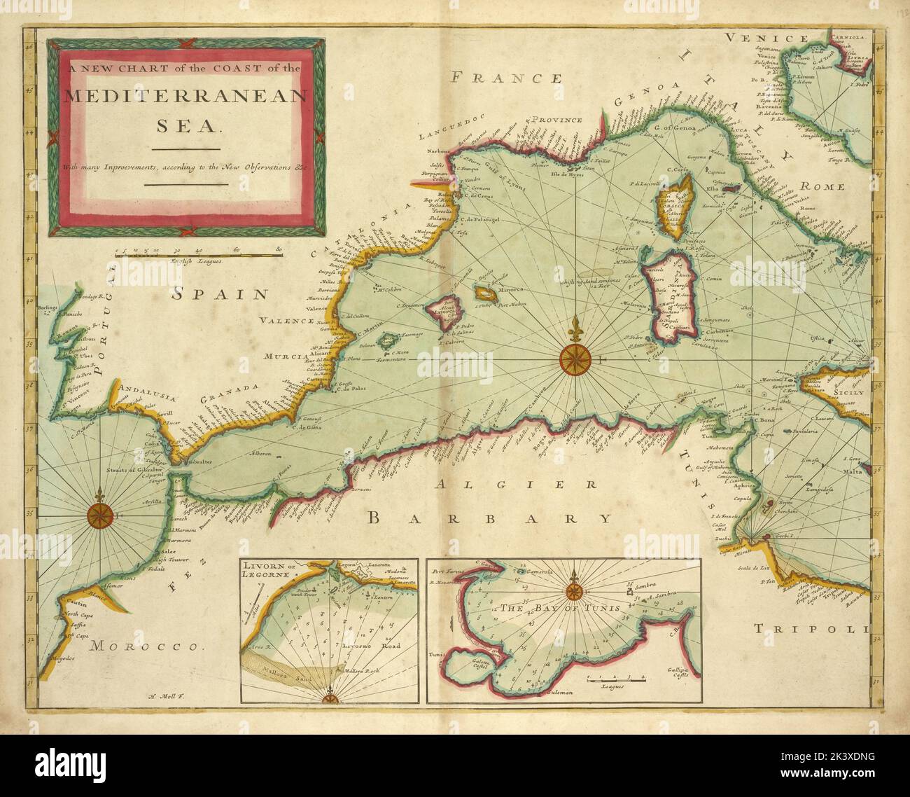 Une nouvelle carte de la côte de la MÉDITERRANÉE ; Livorn ou Legorne ; la Baie de Tunis. 1702 - 1707. Cartographie. Cartes, cartes marines. Lionel Pincus et Princess Firyal Map Division. Mer Méditerranée, Livourne (Italie) Banque D'Images