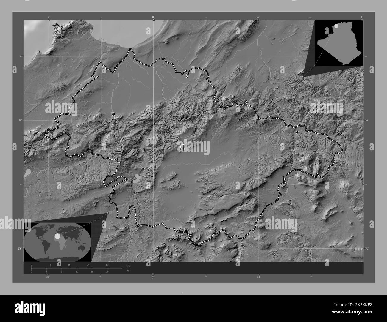 Mascara, province d'Algérie. Carte d'altitude à deux niveaux avec lacs
