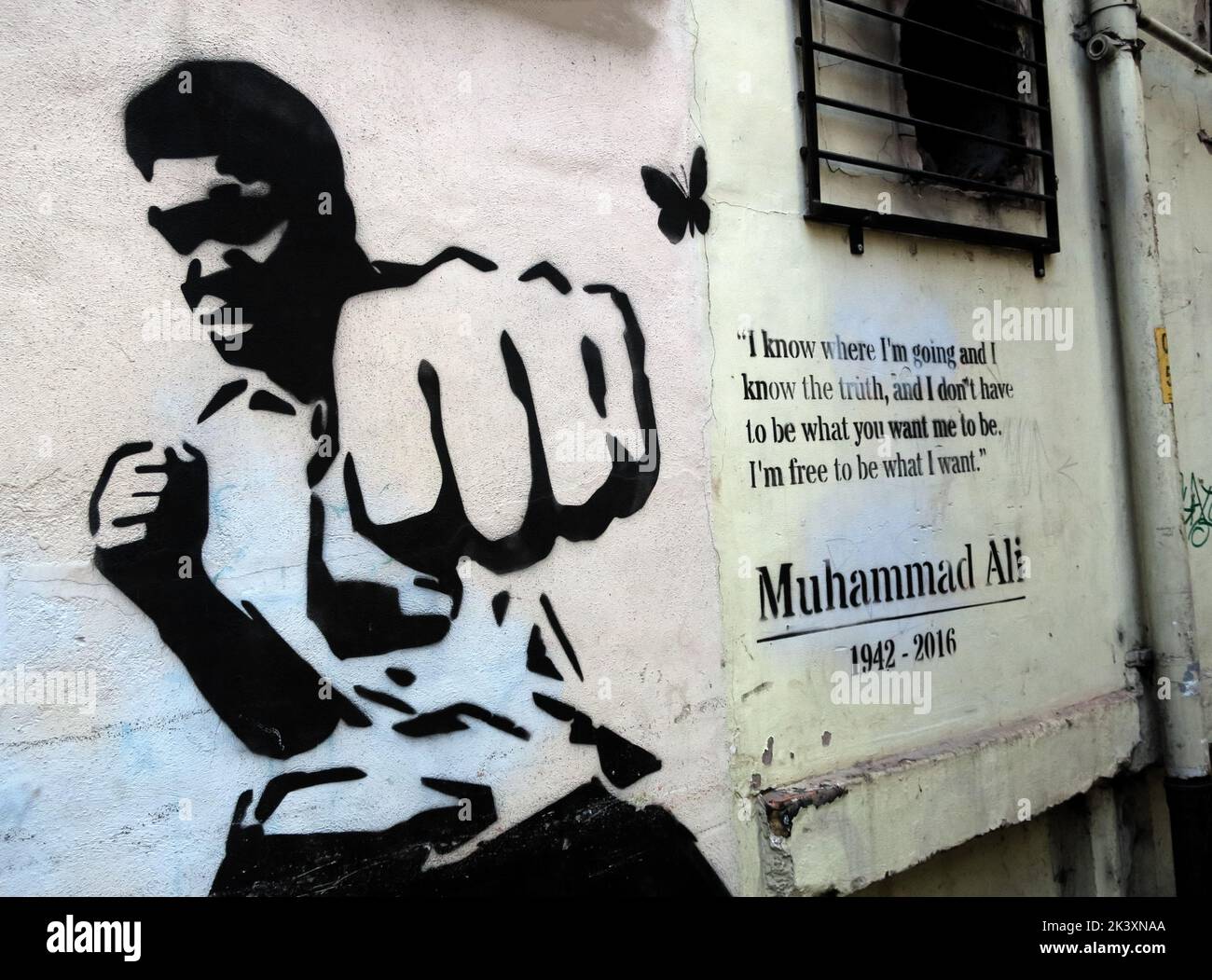 Muhammad Ali, stencil à Manchester Chinatown, Angleterre, Royaume-Uni, M1 Banque D'Images