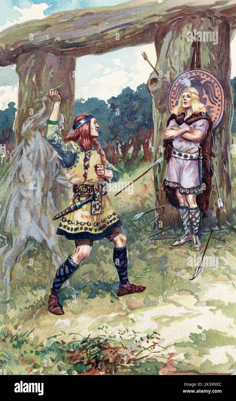 La légende de 1913 lit : Hodur prit le gros orteil de Loki et Loki guida son bras et l'a lancé à Baldur.' Balder (aussi Baldr et Baldur) est le dieu Norse de paix, de lumière et de source. Fils du puissant Odin, il était aimé par l'Aesir, les dieux norses. Une prophétie prédit qu'à la mort, le corps de Balder devait aller à Hel, pas à Valhalla, car il n'était pas un guerrier. L'Aesir a essayé de prévenir la mort de Baldur en ayant tous les dieux, animaux, plantes, tout jure de ne pas nuire à Baldur. Seul le GUI n'a pas été inclus dans le serment. Loki, le Dieu trickster, le frère aveugle de Baldur, Hodur de truquer Banque D'Images