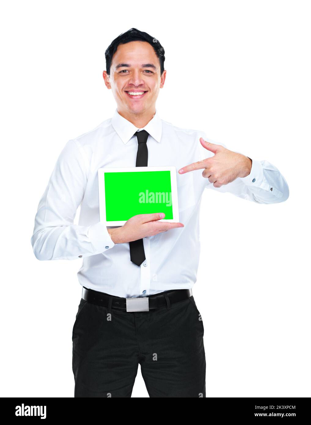 Placez votre message ici. Un jeune homme d'affaires tenant une tablette avec un écran vert. Banque D'Images