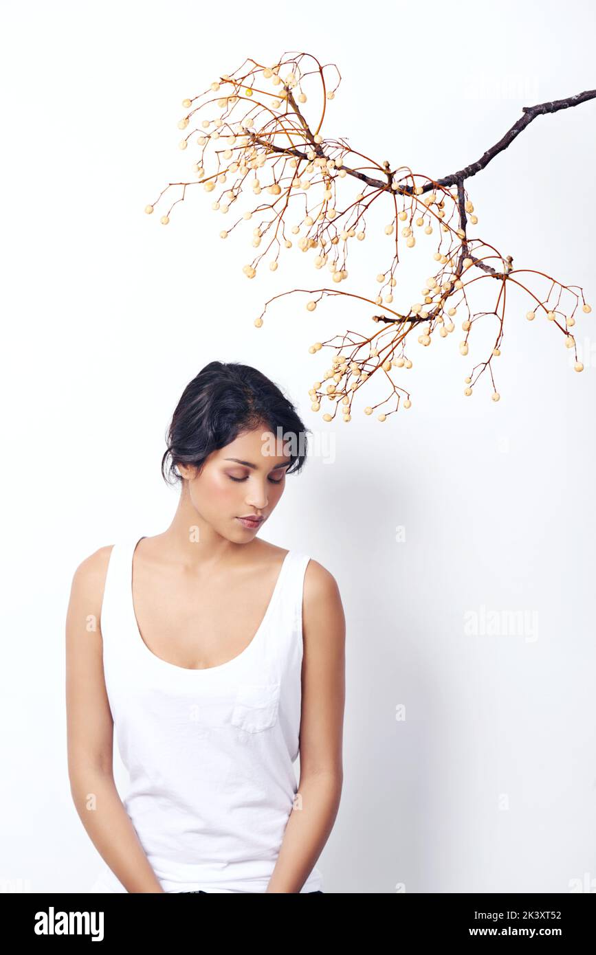 Beauté printanière. Studio photo d'une jeune femme ethnique attrayante assise sous une branche. Banque D'Images