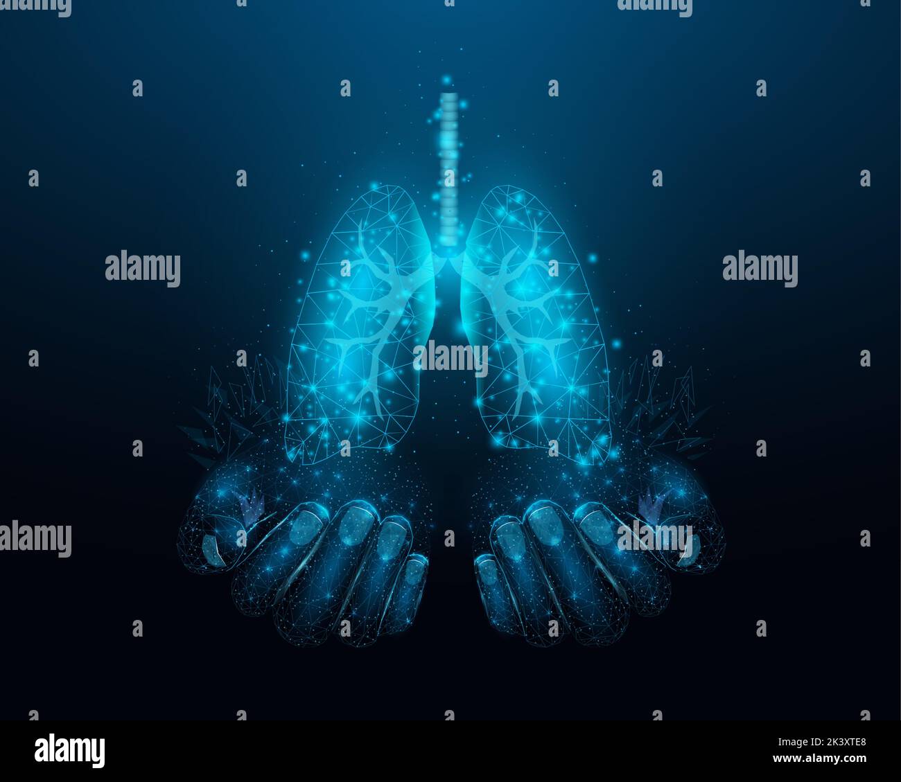 Deux mains humaines sont des poumons humains. Soutenir le concept de poumons sains. Design en polypoly basse et brillant sur fond bleu foncé. Abstrait futuriste Illustration de Vecteur