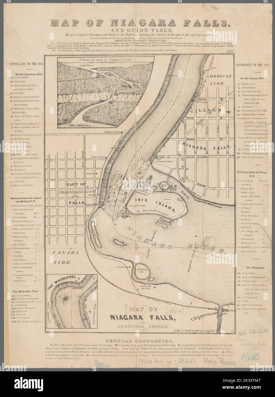 Carte des chutes du Niagara, et table guide Être un répertoire complet
