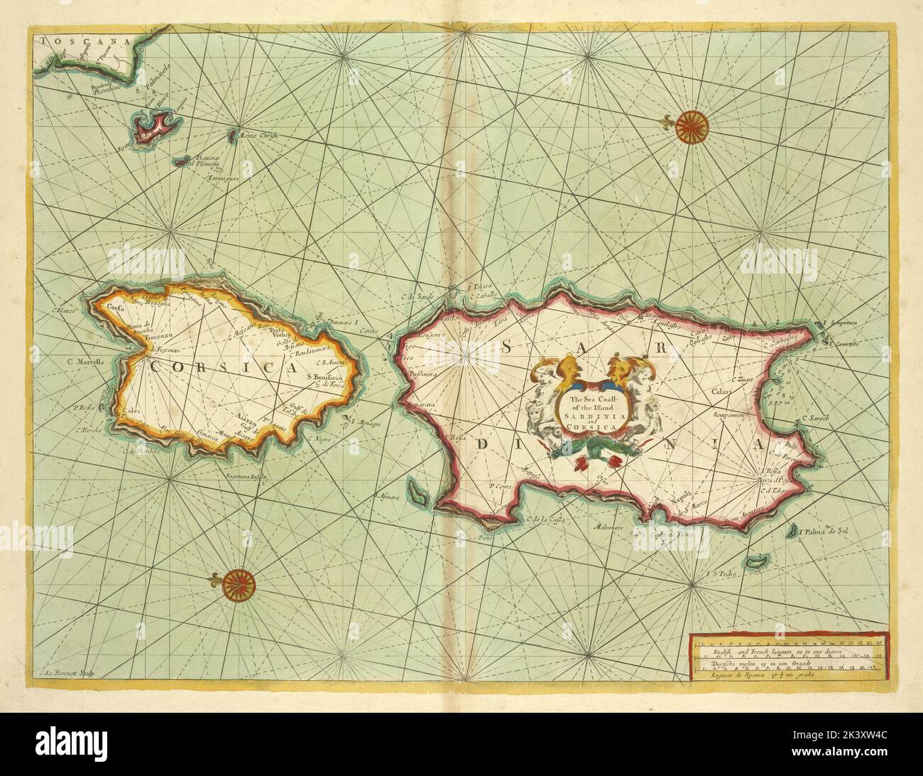 La côte de mer de l'île SARDAIGNE et CORSE 1702 - 1707. Cartographie. Cartes, cartes marines. Lionel Pincus et Princess Firyal Map Division. Corse (France), Mer méditerranée, Sardaigne (Italie) Banque D'Images