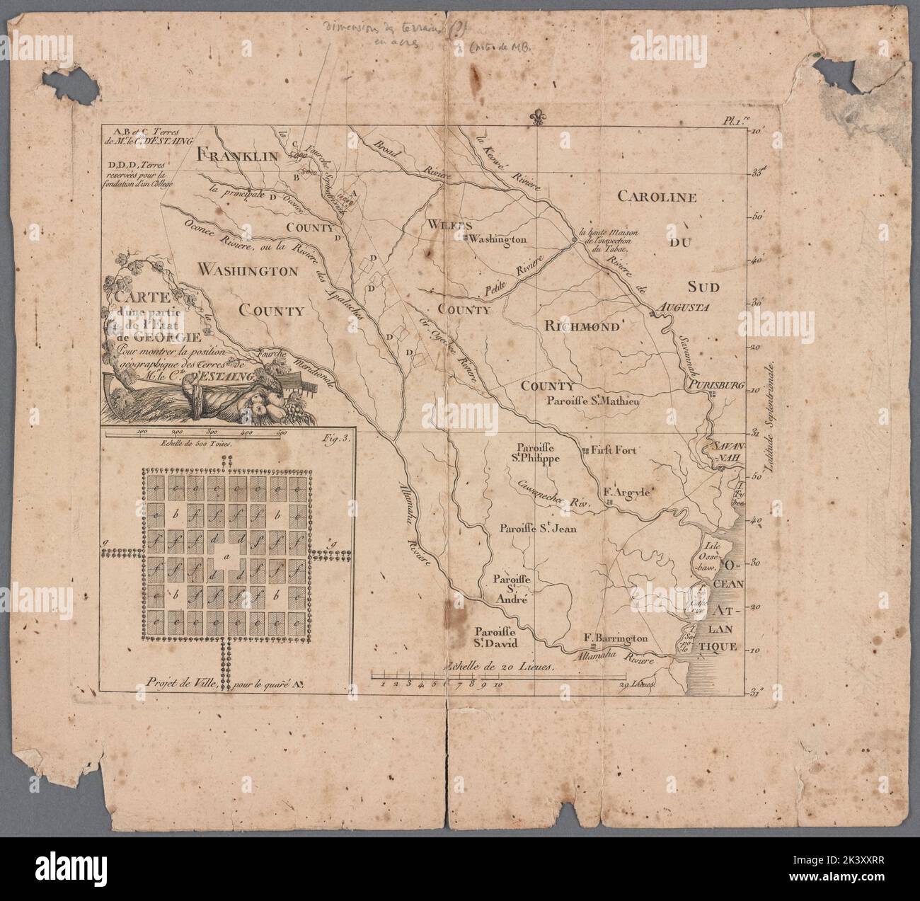 Carte d'une partie de l'État de Georgie carte d'une partie de l'État de Georgie carte d'une partie de l'État de Géorgie 1796 - 1815. Cartographie. Cartes. Division des manuscrits et des archives. Géorgie, Estaing, Charles Henri, comte d', 1729-1794, Franklin Comté (GA) Banque D'Images