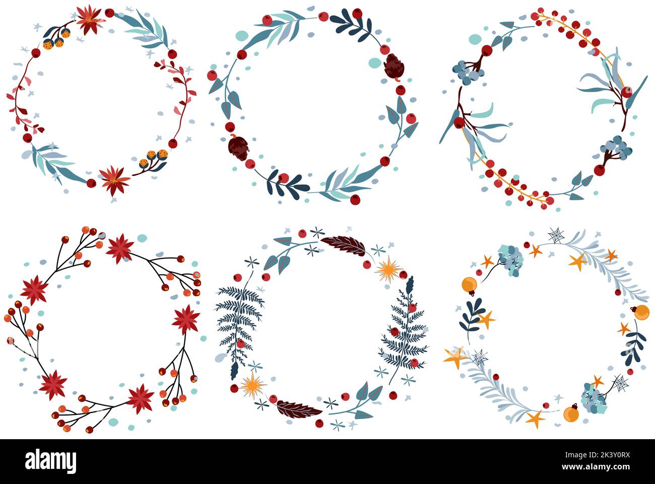 Ensemble de couronne de Noël avec fleurs, feuilles, baies rouges, étoiles et autres. Couronne d'hiver pastel pour cartes de vœux, affiche, carte postale, bannière. Vecteur. Illustration de Vecteur
