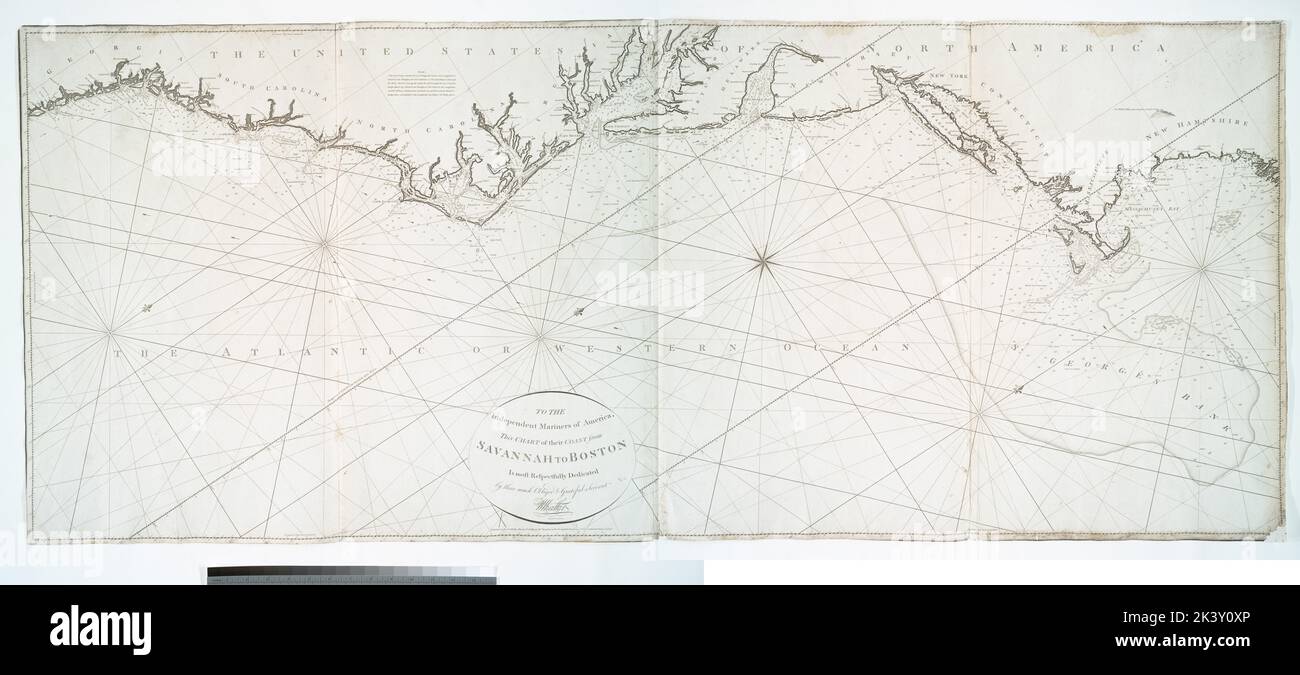 Aux marins indépendants de l'Amérique : cette carte de leur côte de Savannah à Boston est très respectueusement dédiée à la cartographie. Cartes. 1799-03-05. Lionel Pincus et Princess Firyal Map Division. Côte Atlantique (É.-U.) , Cartes , travaux préliminaires à 1800, cartes marines , côte Atlantique (Etats-Unis) Banque D'Images