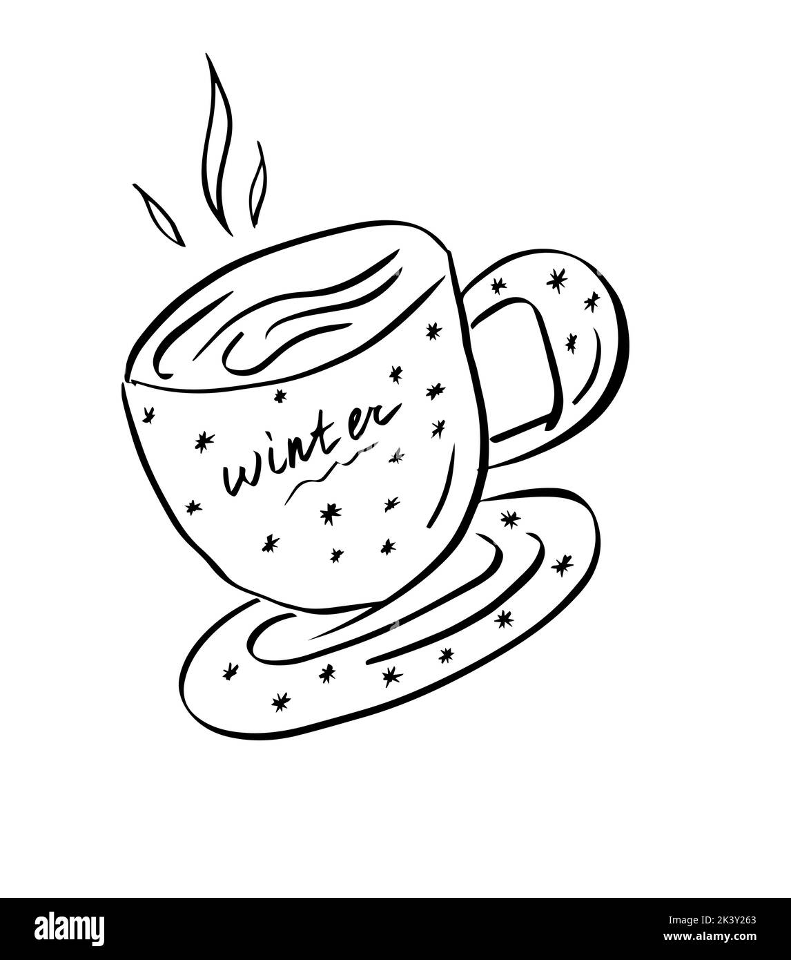 Tasse de café ou de thé avec des lettres d'hiver et des flocons de neige. Concept d'hiver. Vetor, illustration. Illustration de Vecteur