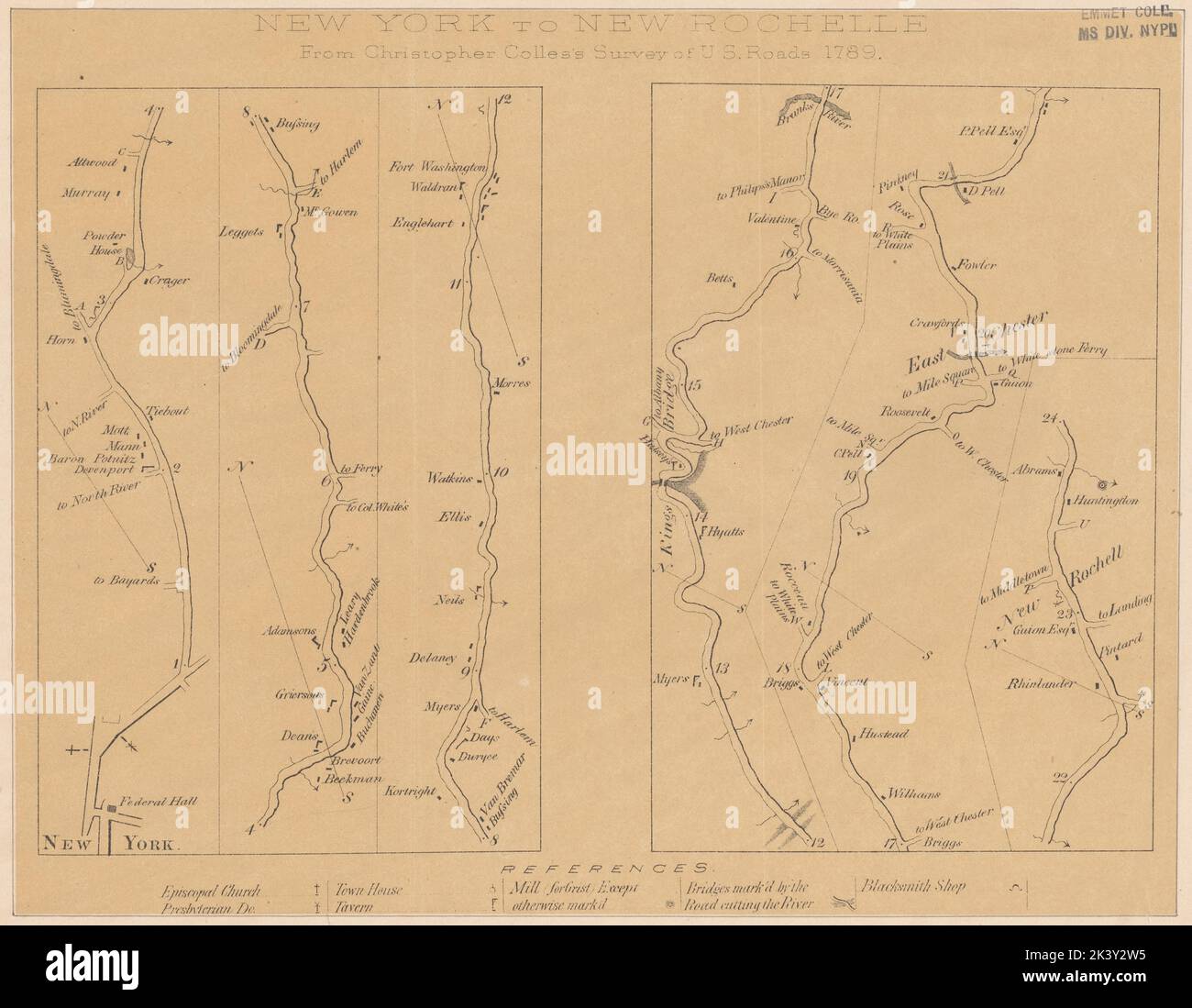 De New York à New Rochelle: De l'enquête de Christopher Colles sur les routes américaines 1789 Cartographie. Cartes, cartes routières, cartes de la bande, télécopies. 1875 - 1895. Lionel Pincus et Princess Firyal Map Division. Routes , New York (État) , New York Metropolitan Area, Roads , New York (État) , New Rochelle Region, propriétaires fonciers , New York (État) , New York Metropolitan Area, propriétaires fonciers , New York (État) , New Rochelle Region, New York Metropolitan Area Banque D'Images
