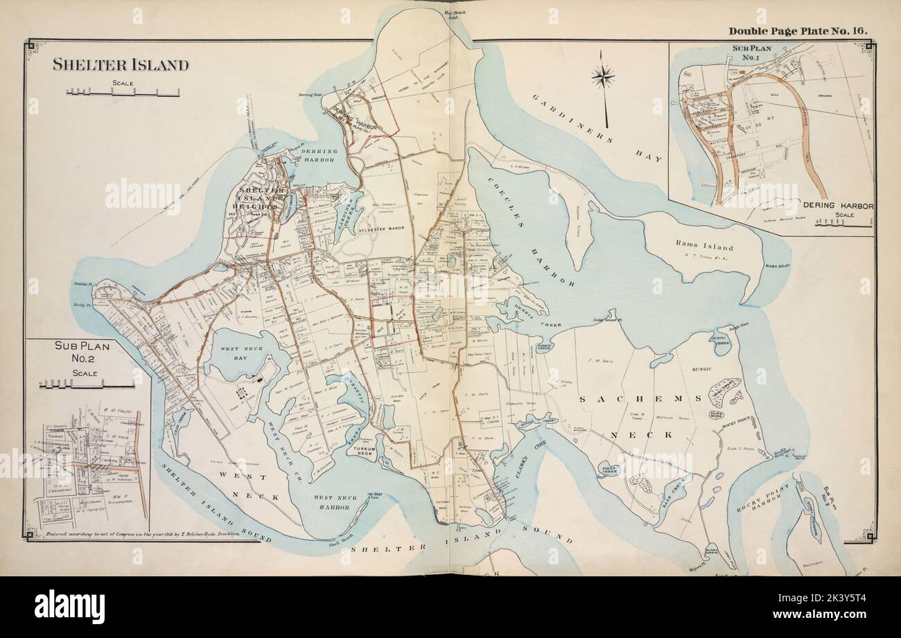 Imprimé cartographique d'Shelter Island. Atlas, cartes. 1915 - 1917. Lionel Pincus et Princess Firyal Map Division. Comté de Suffolk (New York) Banque D'Images
