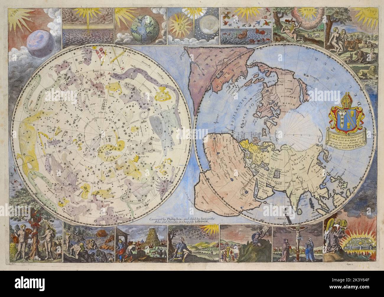 Carte des cieux et de la terre Cartographie. Cartes. 1699. Lionel Pincus et Princess Firyal Map Division. Étoiles, hémisphère Nord, cartes du monde, constellations, Bible , Géographie, ciel du Nord (Astronomie) Banque D'Images