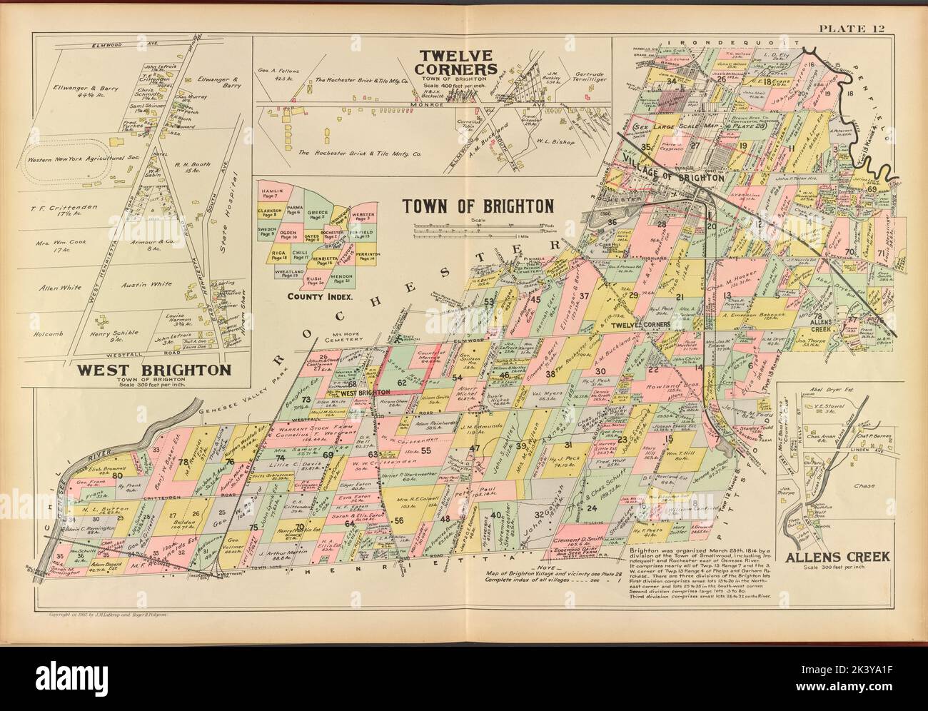 Monroe County, Double page plaque no 12 carte de la ville de Brighton, W. Brighton, Twelve Corners, Allens Creek Cartographie. Atlas, cartes. 1902. Lionel Pincus et Princess Firyal Map Division. Monroe County (N.Y.), immobilier , New York (État) , Monroe County Banque D'Images