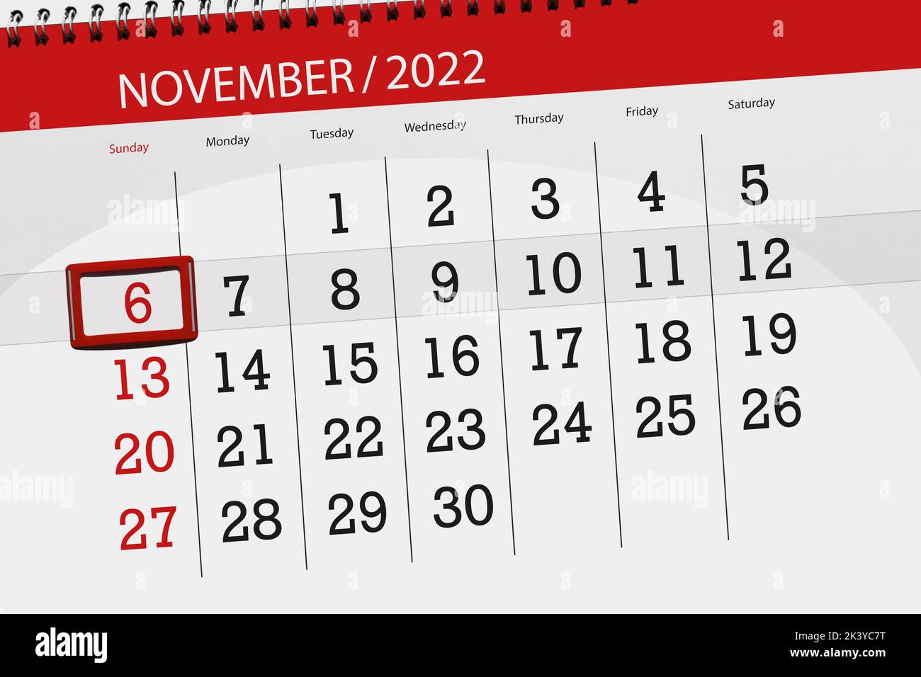 Calendrier 2022, date limite, jour, mois, page, organisateur, date, novembre, dimanche, numéro 6. Banque D'Images