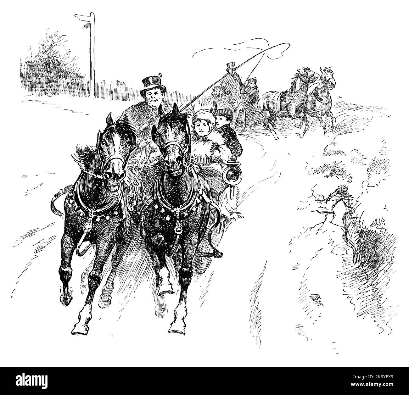 1891 illustration victorienne de deux traîneaux « s'écrasant dans la neige ». Du livre pour enfants Sunday Reading for the Young. Banque D'Images