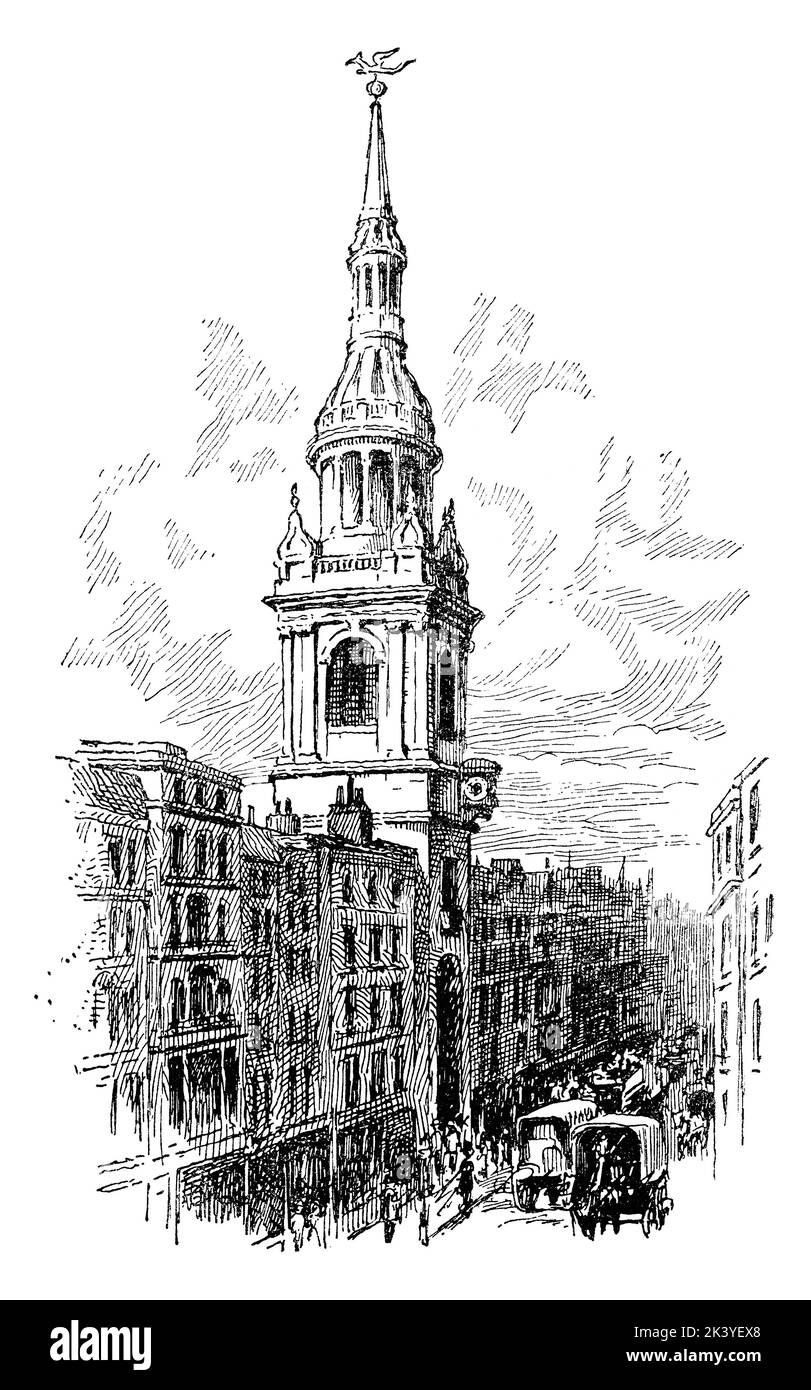 Illustration victorienne de l'église St. Mary-le-Bow à Cheapside, Londres. Banque D'Images