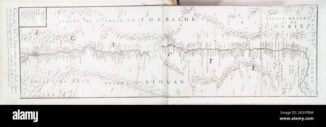 Cours du Nil, et lieux sur ses bords, depuis Derri dans la Nubie, jusqu'au Delta, selon les observations faites le mois de novembre 1737, jusqu'à la fin du mois de février 1738, ce que est le tems ou les eaux du Nil sont les plus basses. Norden, Frederik Ludvig, 1708-1742. Cartographie. Illustrations, tirages. 1780. Division de la recherche générale. Egypte , Description et Voyage, Egypte , Antiquités, Nil Banque D'Images