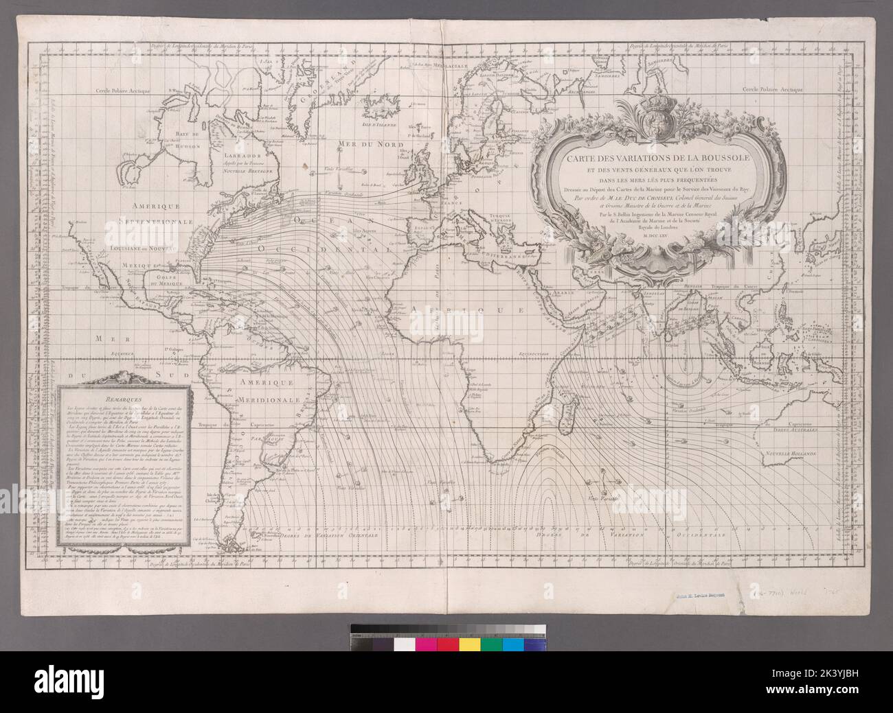 Carte des variations de la boussle et des vents généraux ... Cartographie. Cartes. 1765. Lionel Pincus et Princess Firyal Map Division. Déclinaison magnétique , Océan Atlantique, Océan Atlantique, Déclinaison magnétique , Océan Indien, Vents , Océan Atlantique, vents , Océan Indien, Océan Indien Banque D'Images