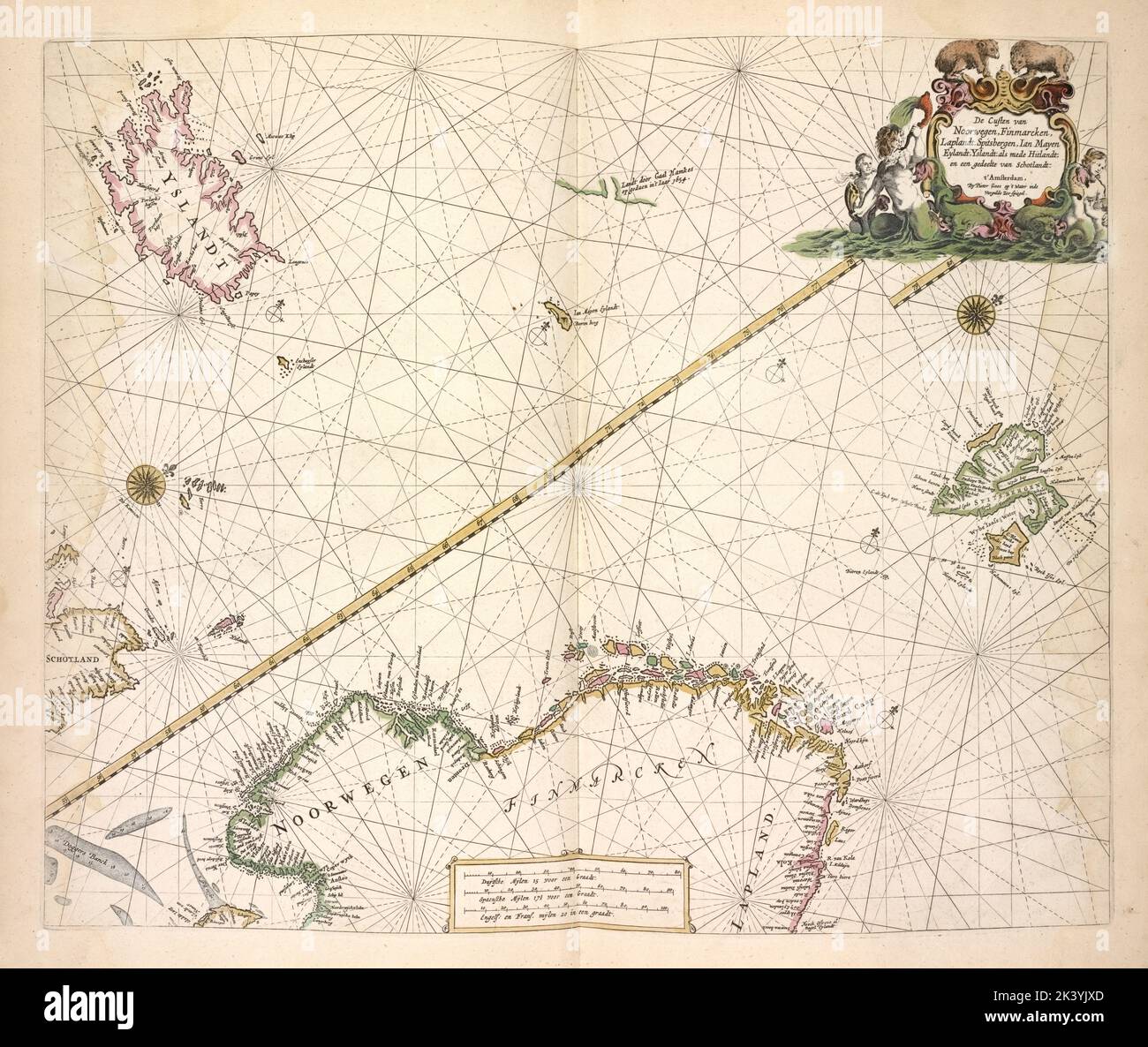 De Cuteren van Noorwegen, Finmarcken, Laplandt, Spitsbergen, Ian Mayen Eylandt, Yslandt als mede Hitlandt en een gedeelte van Schotlandt. Paskaert van Noorwegen Spitsbergen, tot Grenlandt en Yslandt. Cartographie. Cartes. 1672. Lionel Pincus et Princess Firyal Map Division. Islande, Norvège, Finlande, océan Arctique Banque D'Images