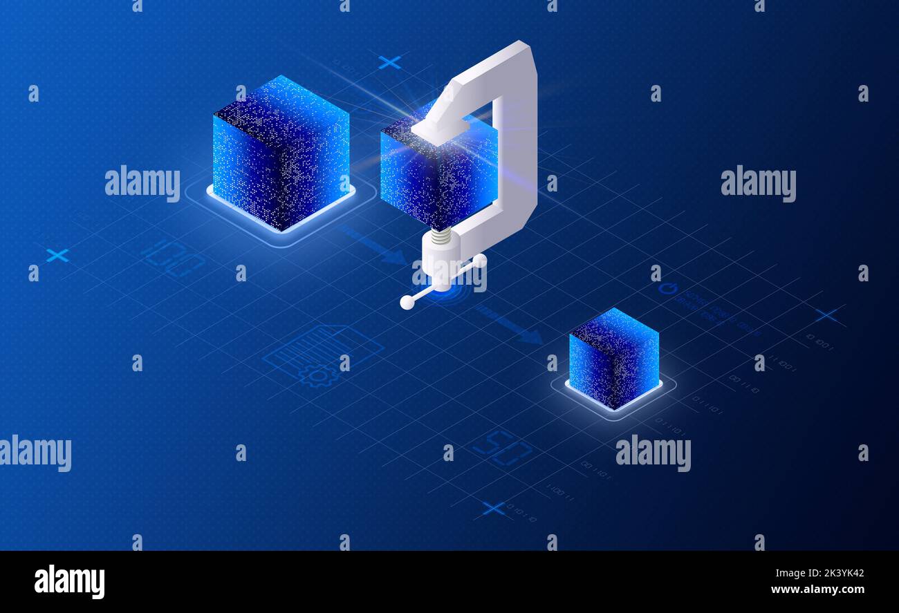 Concept de compression des données - le processus de calcul de l'encodage ou de la restructuration des données pour en réduire la taille - 3D Illustration Banque D'Images
