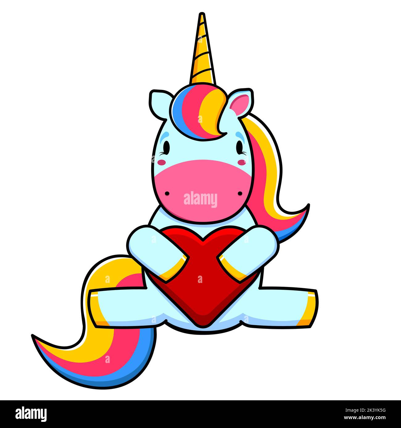 Dessin animé adorable licorne assis et tenant une illustration puéril en forme de coeur. Image vectorielle. Illustration de Vecteur