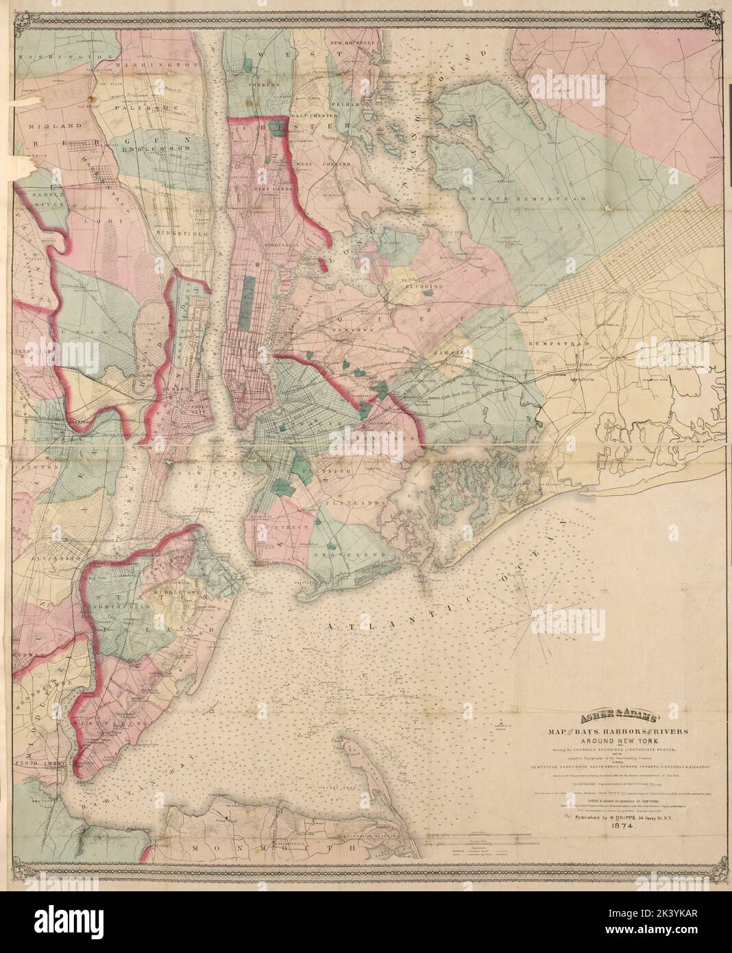 Carte d'Asher & Adams des baies, des ports et des rivières autour de New York : montrant les canaux, les sondages, les phares, les bouées et la topographie complète du pays environnant : Hempstead, Sandy-Hook, South-Amboy, Newark, Yonkers, N. Rochelle & Glencoe carte des baies, des ports et des rivières autour de New York 1874. Cartographie. Cartes, cartes marines. Lionel Pincus et Princess Firyal Map Division. Port de New York (N.Y. et N.J.), région métropolitaine de New York, côtes , New York (État) , région métropolitaine de New York, ports , New York (État) , région métropolitaine de New York, New York (État Banque D'Images