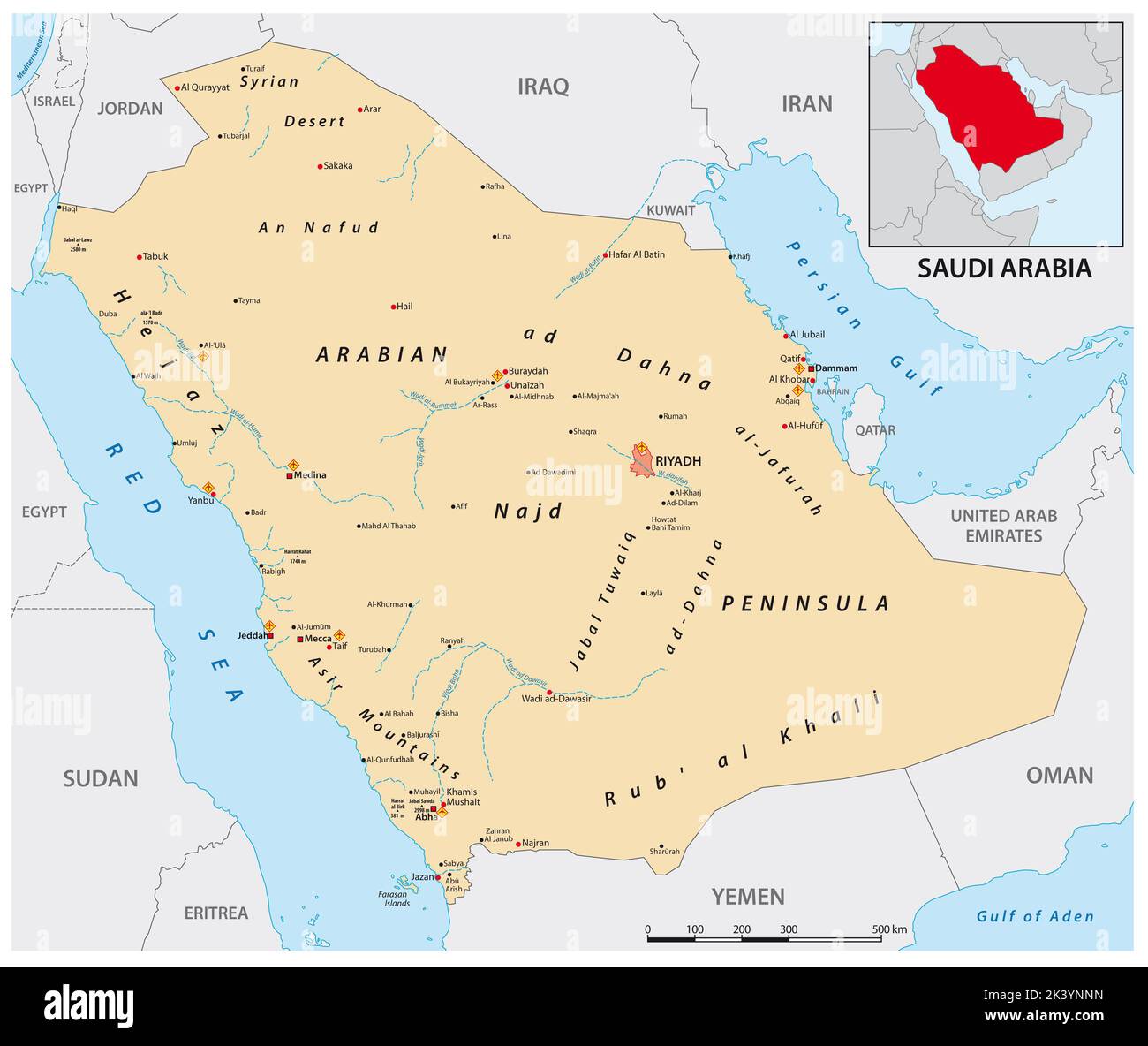 Carte vectorielle détaillée du Royaume d'Arabie saoudite Banque D'Images