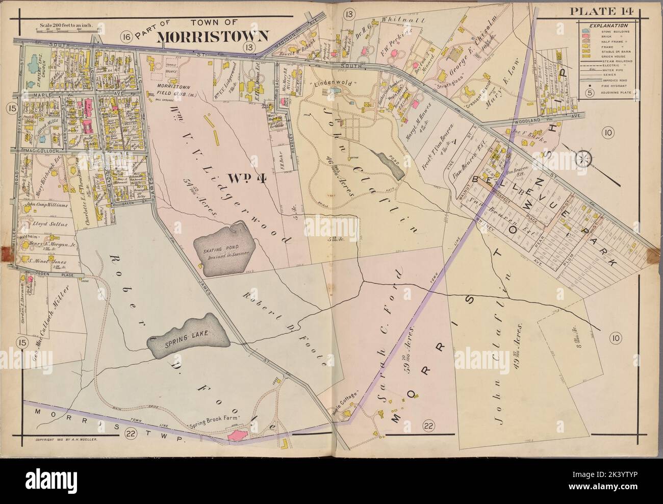 Comté de Morris, plaque de page double no 14 carte délimitée par Madison Ave., Woodland Ave., Miller Rd., Boyken St., South St. 1910. Cartographie. Atlas, cartes. Lionel Pincus et Princess Firyal Map Division. Morris Comté (N.J.) Banque D'Images