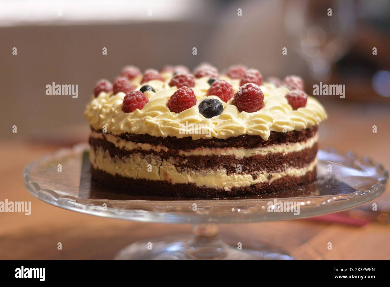 Gâteau au chocolat à la vanille, recouvert de glaçage au fromage blanc et de morceaux de framboise. Banque D'Images