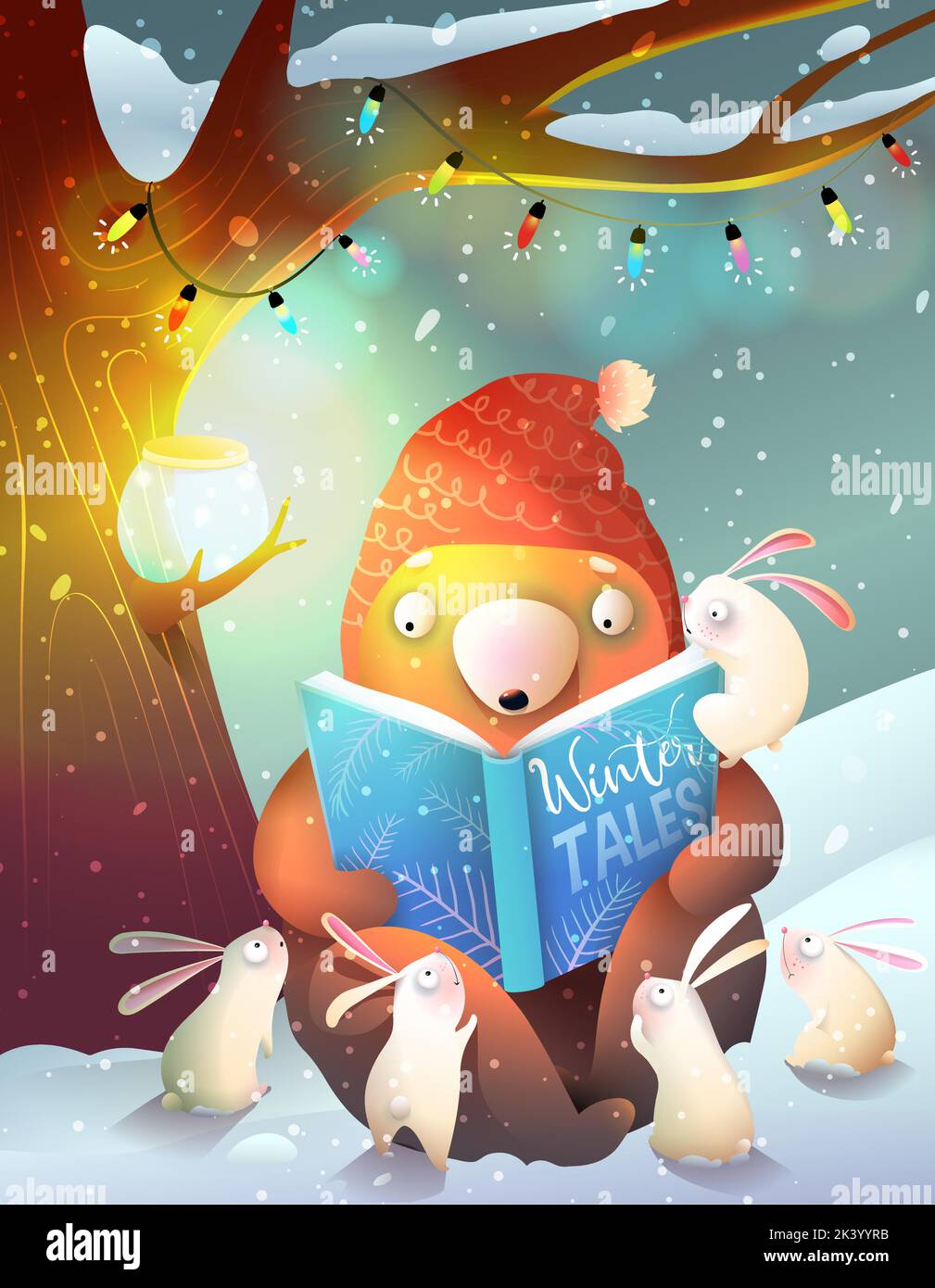 Bear Reading Book to lapins Winter Forest Night Illustration de Vecteur