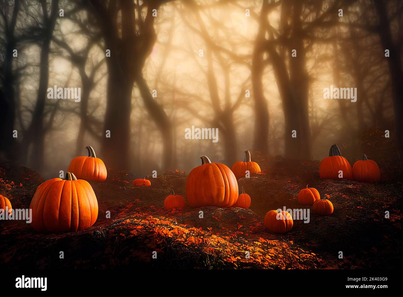 Citrouilles de Thanksgiving et d'halloween dans la forêt d'automne. Paysage de la saison d'automne avec arbres nus, feuilles d'érable et culture de citrouille. Vœux de fête c Banque D'Images