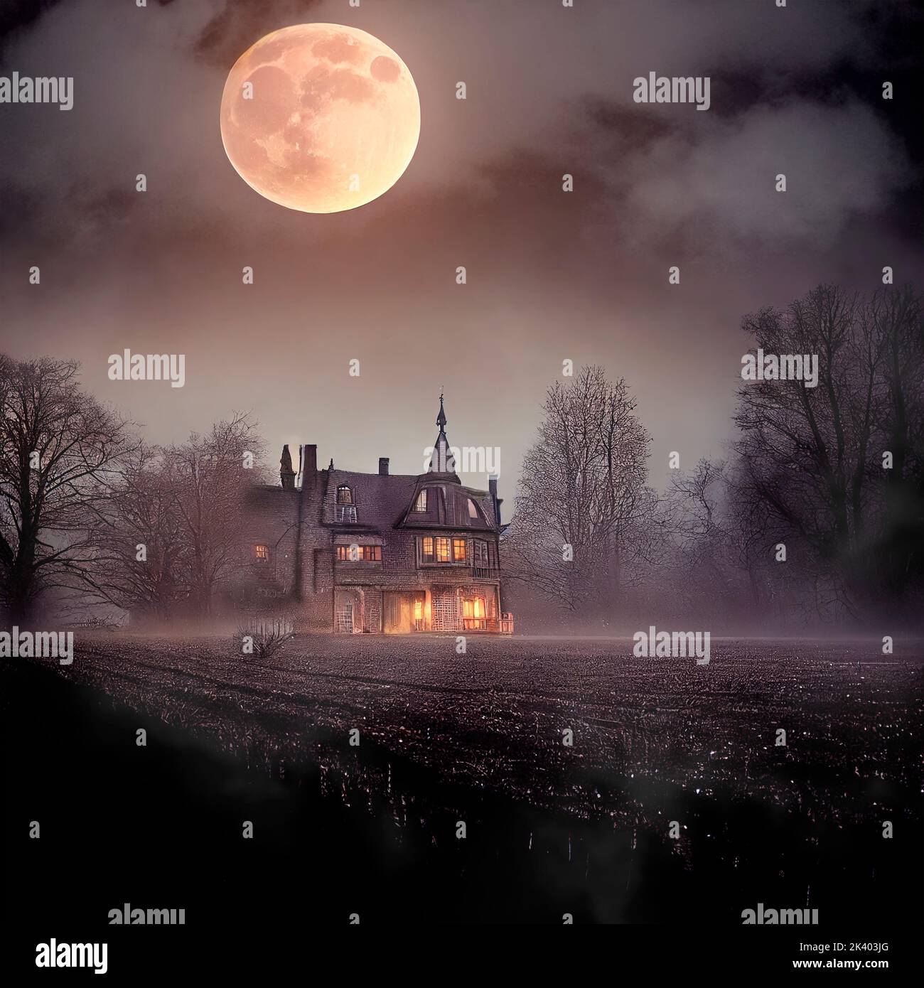 Scène nocturne d'Halloween avec maison hantée et pleine lune. Un vieux manoir d'horreur sur un domaine abandonné. Banque D'Images