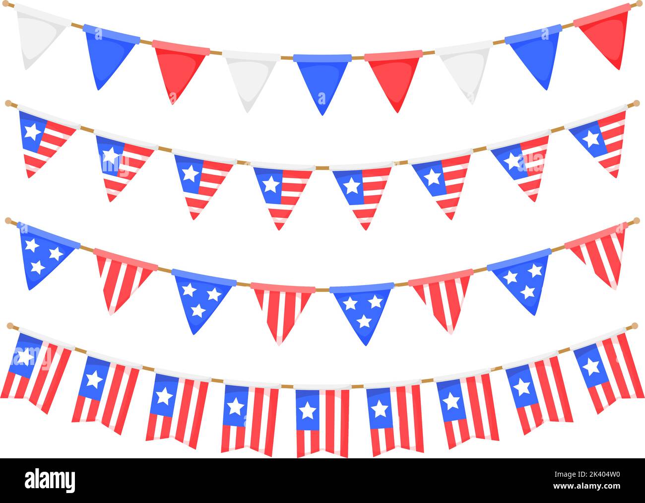 Guirlande drapeau américain. COLLECTION US patriotic pennants chains. Décoration de soirée américaine. Drapeaux des États-Unis pour la célébration. Vecteur Illustration de Vecteur