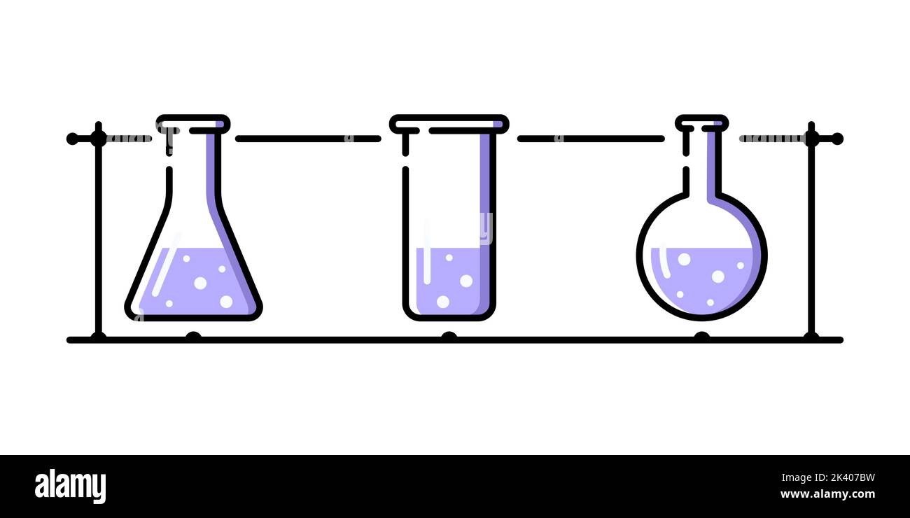 Flacons de chimie en verre. Groupe de différents tubes en verre. Illustration de Vecteur