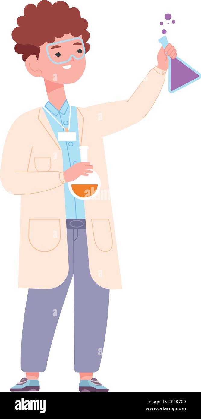 Enfant avec expérience de fabrication de verre chimique. Éducation scientifique isolée sur fond blanc Illustration de Vecteur