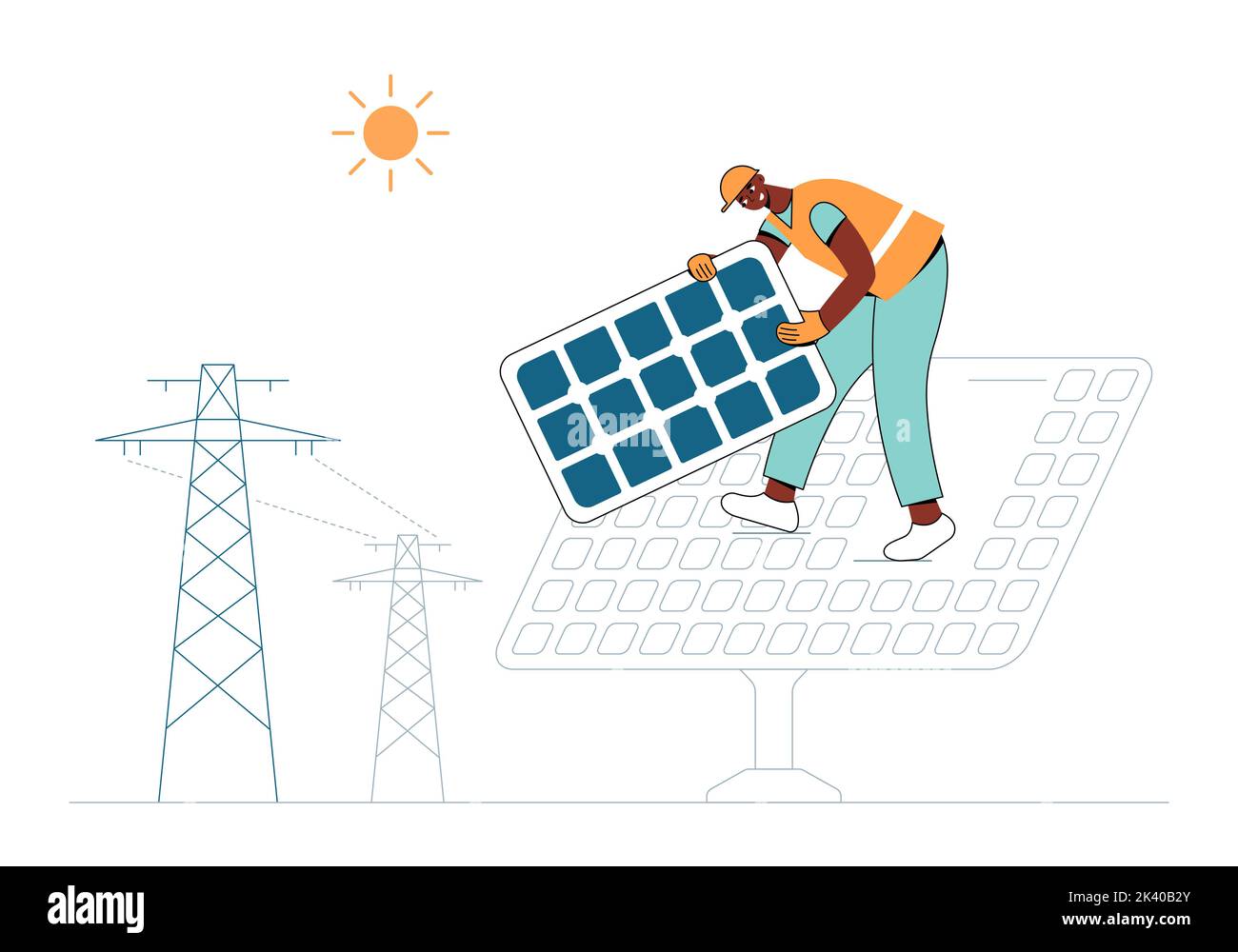 L'employé a installé un panneau dans une centrale solaire. Une énergie intelligente et verte. Illustration de Vecteur