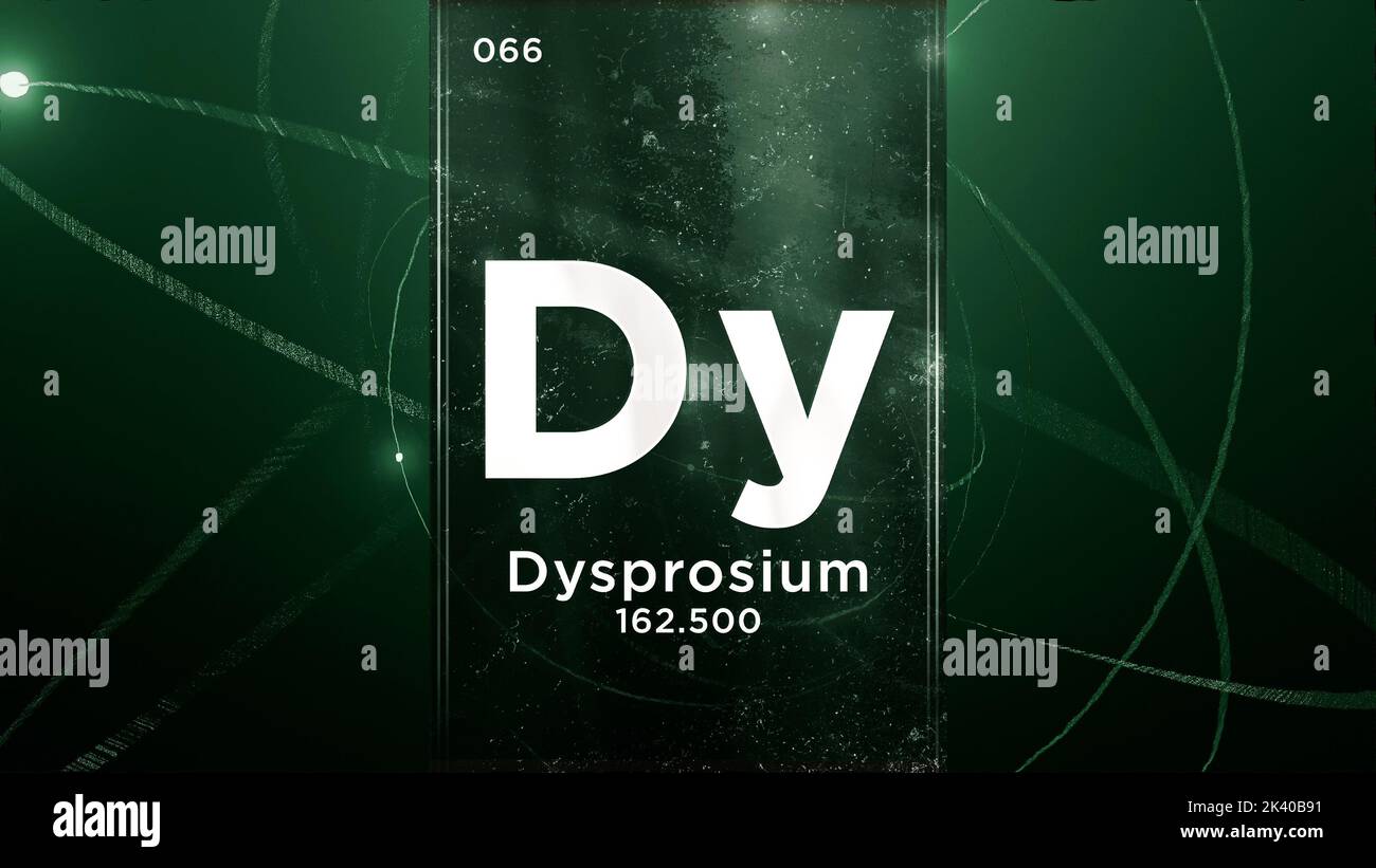 Élément chimique du symbole dysprosium (Dy) du tableau périodique, 3D animations sur fond de conception de l'atome Banque D'Images