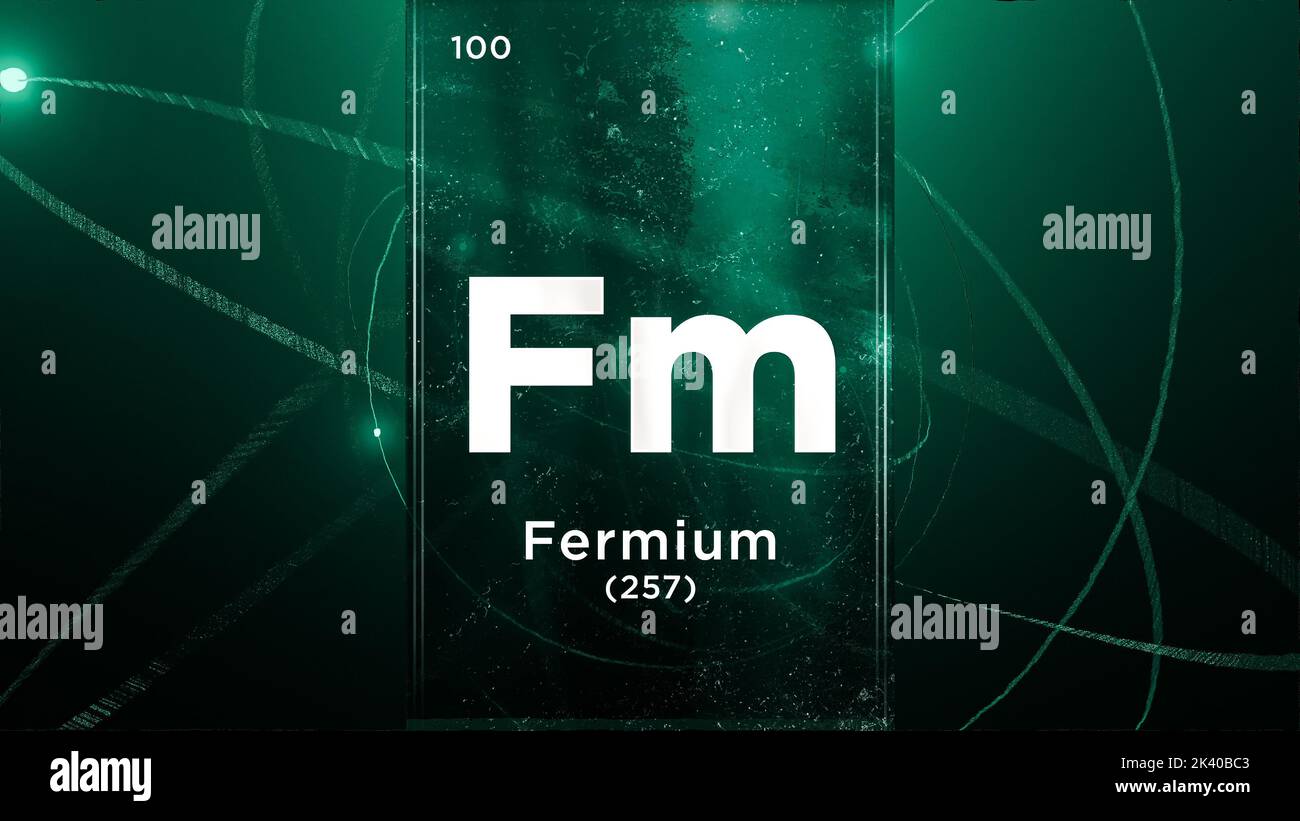 Élément chimique du symbole Fermium (FM) du tableau périodique, 3D animations sur fond de conception Atom Banque D'Images