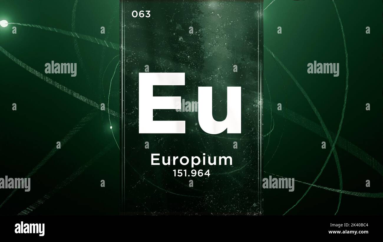 Symbole europium (eu) élément chimique du tableau périodique, 3D animation sur fond de conception Atom Banque D'Images