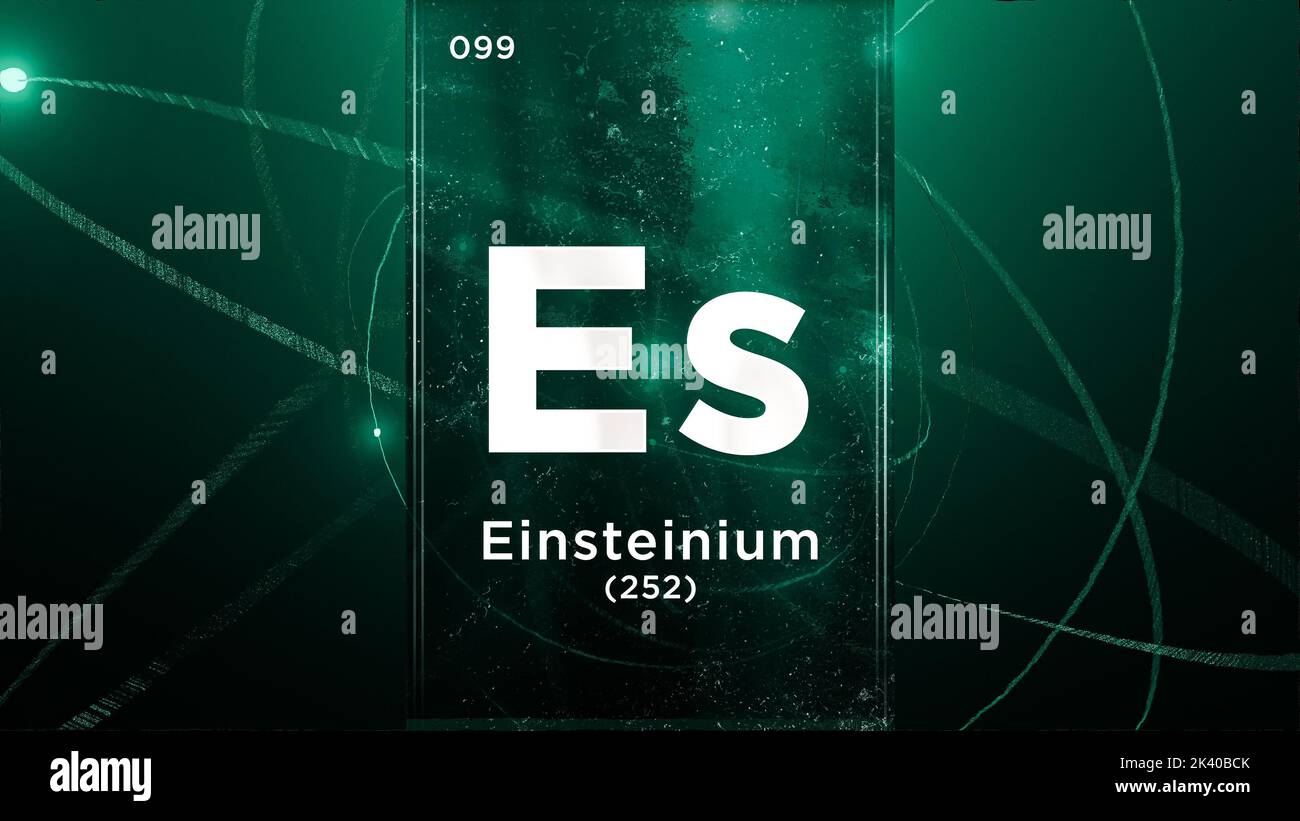 Elément chimique de symbole Einsteinium (es) de la table périodique, 3D animations sur fond de conception Atom Banque D'Images