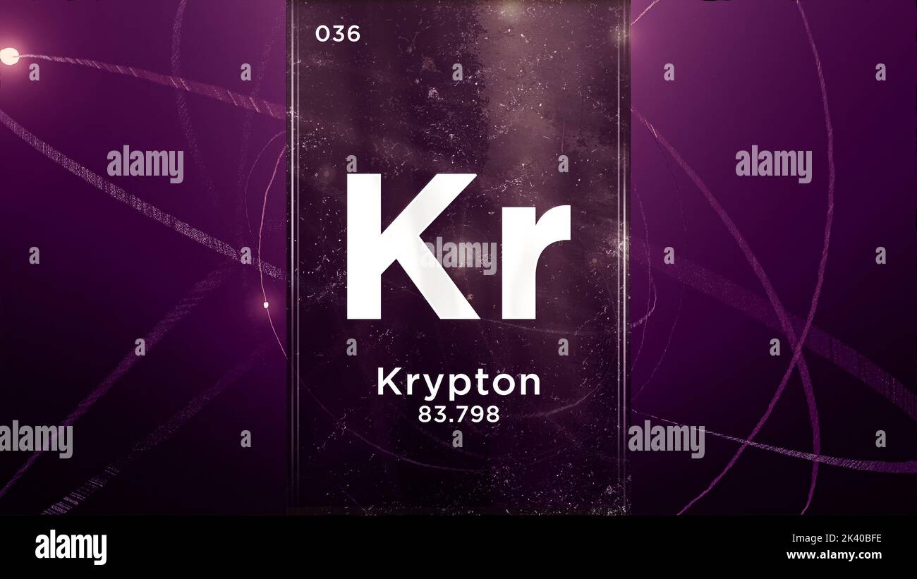 Élément chimique du symbole krypton (Kr) de la table périodique, 3D animations sur fond de conception Atom Banque D'Images