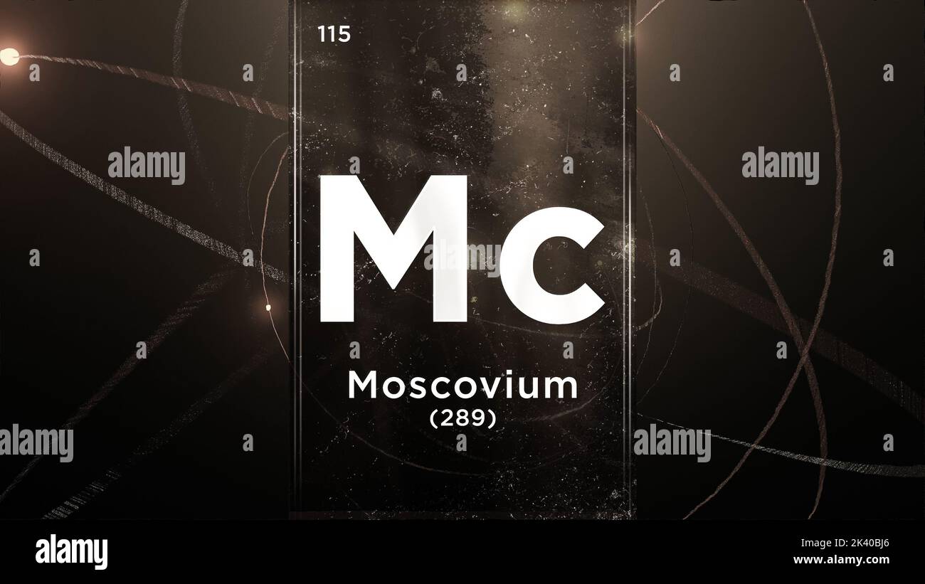 Élément chimique du symbole Moscovium (Mc) de la table périodique, 3D animations sur fond de conception de l'atome Banque D'Images