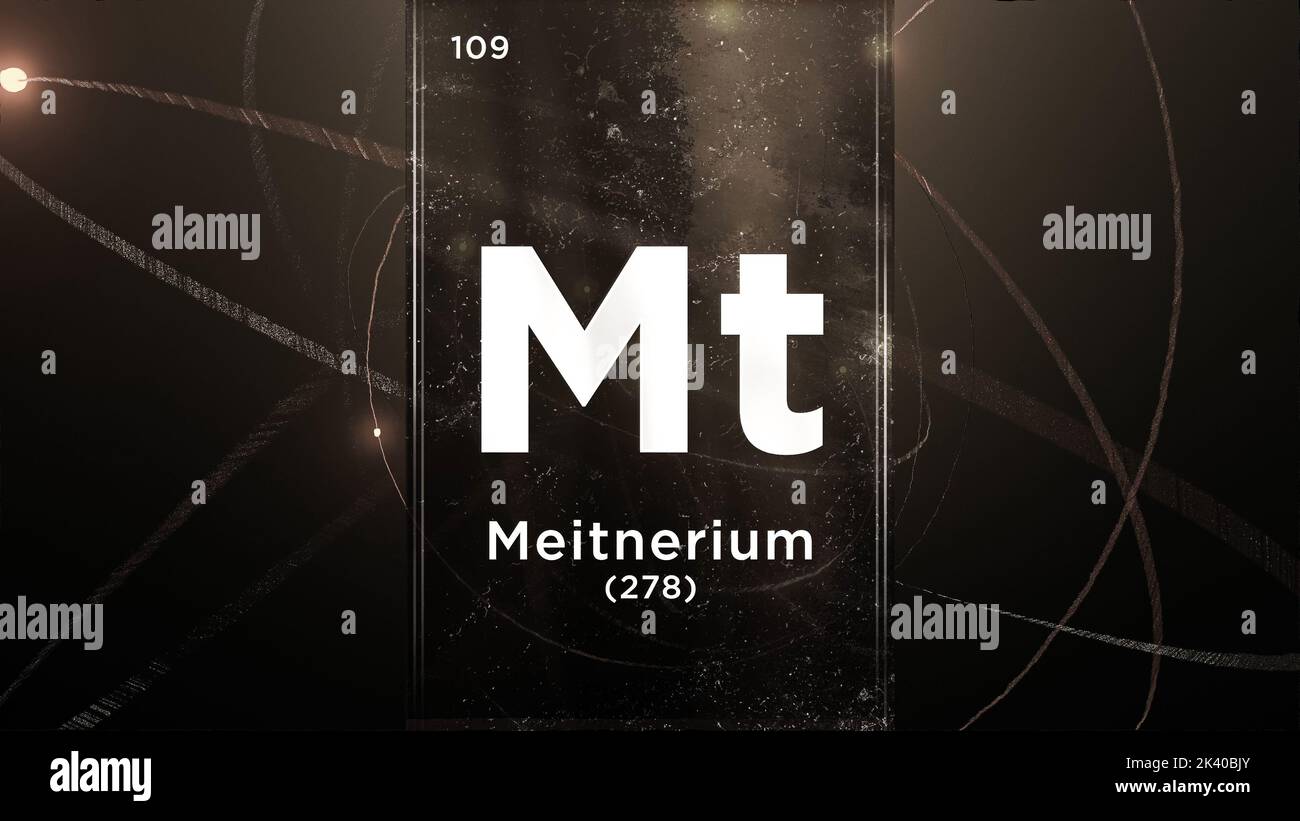 Élément chimique du symbole Meitnerium (Mt) du tableau périodique, 3D animations sur fond de conception de l'atome Banque D'Images